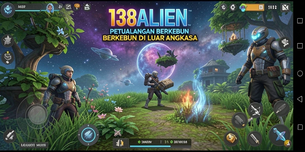 Tangkapan layar gameplay 138ALIEN menampilkan aktivitas berkebun di luar angkasa.