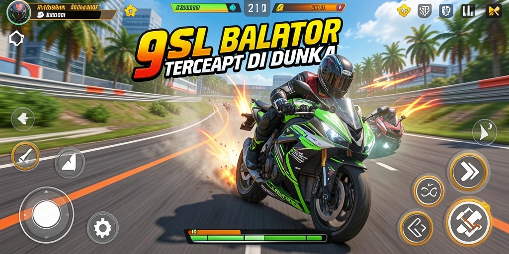 Tangkapan layar gameplay 9SL menampilkan aksi balapan motor yang mendebarkan.