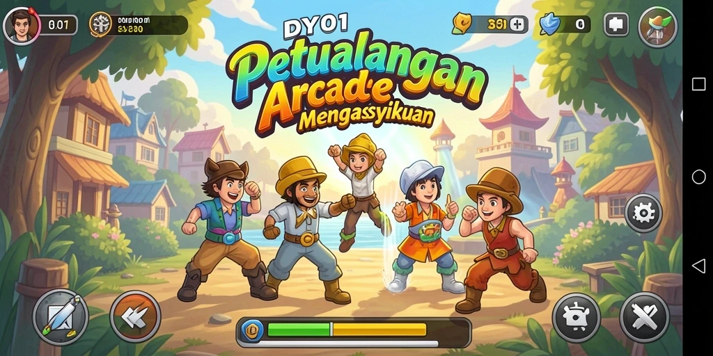 Screenshot utama DY01 yang menampilkan gameplay Arcade yang seru.