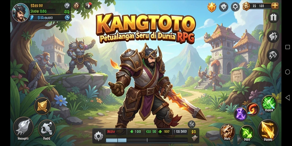 Screenshot utama KANGTOTO menunjukkan karakter beraksi dalam pertempuran RPG.