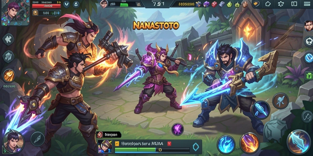 Screenshot gameplay <strong>NANASTOTO</strong> menampilkan pertarungan seru antar hero.