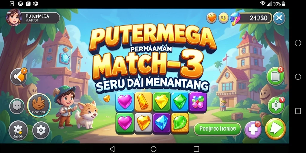 Screenshot menampilkan gameplay PUTERMEGA dengan aksi Match-3 yang seru.