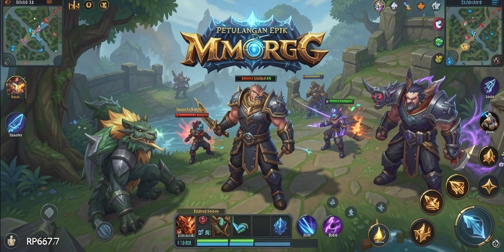Screenshot utama RP6677 menampilkan aksi pertarungan epik dalam dunia MMORPG.