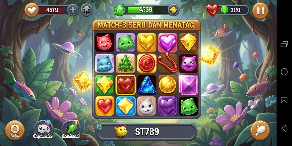Gameplay ST789 dengan berbagai objek warna-warni yang mencolok.