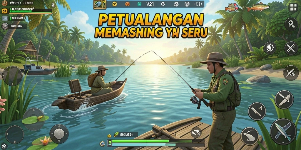 Tampilan gameplay mendebarkan dalam permainan memancing yang seru.